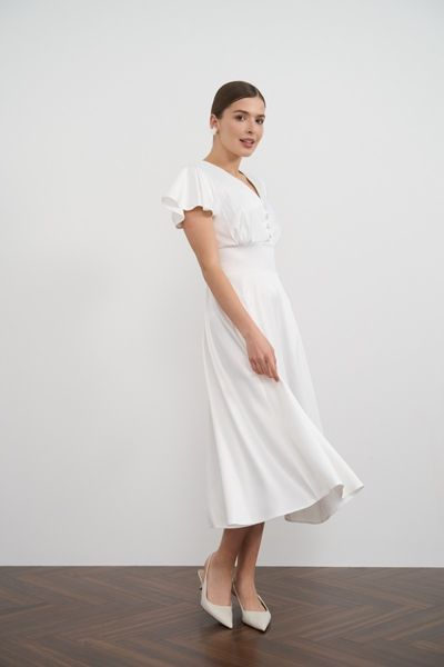 White A-Line Midi Dress with Button Front Top and Butterfly Sleeves (S, off white)