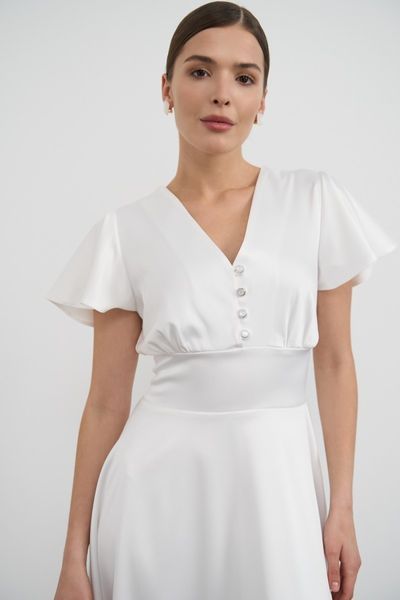 White A-Line Midi Dress with Button Front Top and Butterfly Sleeves (S, off white)