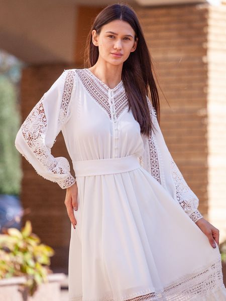 White A-line Button-Up Long Sleeve Lace Cocktail Dress (S, white)