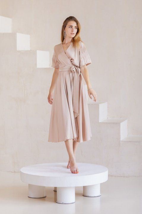 Beige V-Neck Silk Midi Wrap Dress with Butterfly Sleeves (XL, beige)