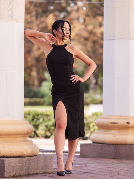Black Fitted Bodycon Midi Dress With Slit (XS, black)