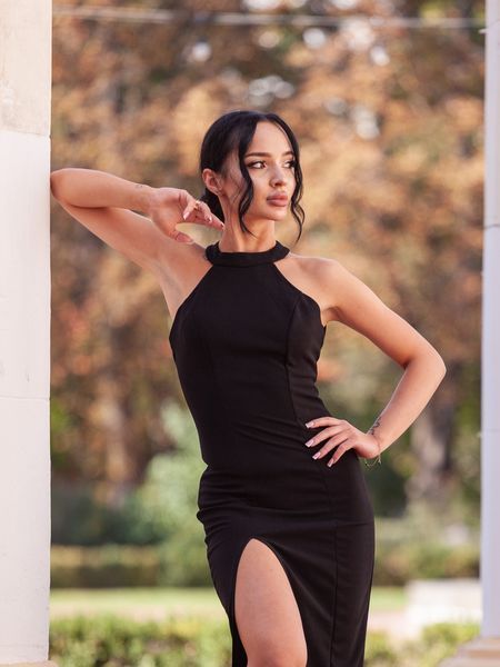 Black Fitted Bodycon Midi Dress With Slit (XS, black)
