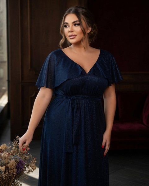 Вечірня довга шифонова сукня синього кольору на короткий рукав (XL/XXL, Синій) MLT-40-448-573 фото