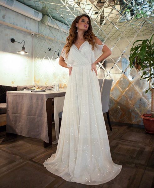 Elegant White Chiffon A-Line Maxi Dress with Cold Shoulders (XL/XXL, white)