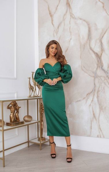 Green Satin Midi Dress: Cocktail Sheath with Empire Waist & Back Slit - Ideal for Spring Wedding Guests (L, green)