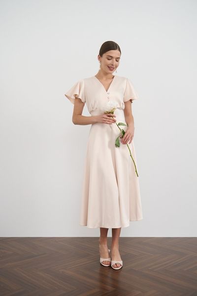 Peach-colored short-sleeved midi dress (XL, cream white)