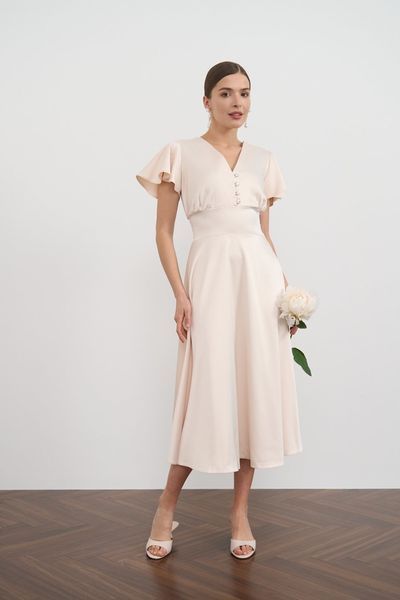 Peach-colored short-sleeved midi dress (XL, cream white)