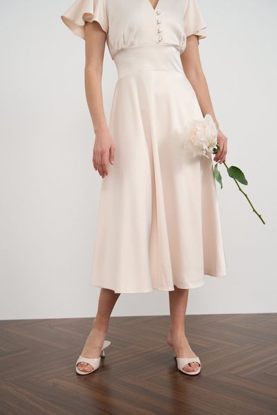 Peach-colored short-sleeved midi dress (XL, cream white)