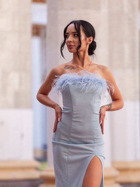 Light Blue Long Evening Strapless Dress With Feathers (XS, light blue)