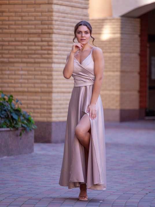 Beige Satin Maxi Dress with Side Slit