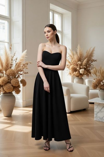 Довга чорна корсетна сукня бандо (S, Чорний) MDN-40-455-954 фото