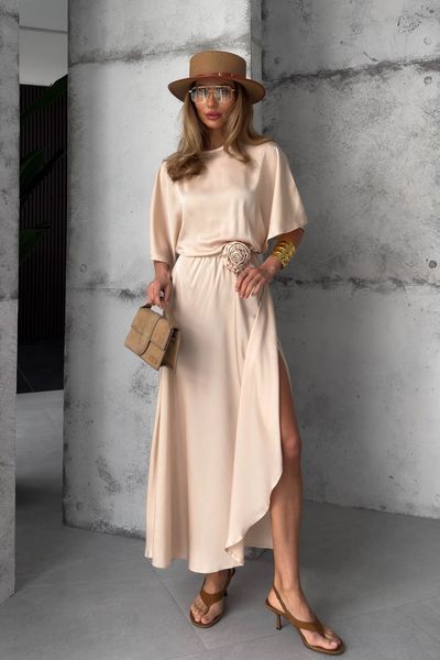 Trendy silk dress in beige color (S/M, gold)