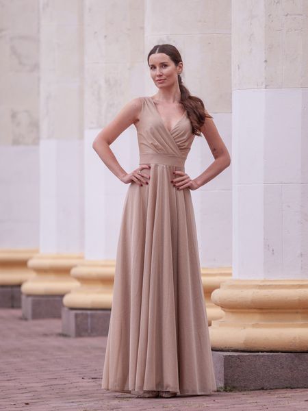 [COPY] Golden A-line Floor Length Evening Formal Dress with Slit and Lace-Up Back (S, gold)