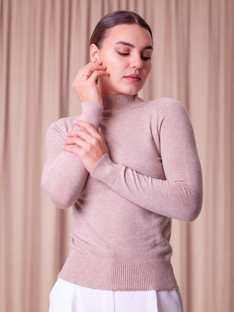 Basic plain light turtleneck sweater with natural cashmere and stand-up collar (S/M, coffee)