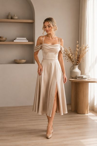 A-Line Beige Satin Dress (M, beige)