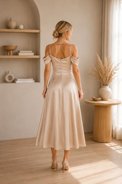 A-Line Beige Satin Dress (M, beige)