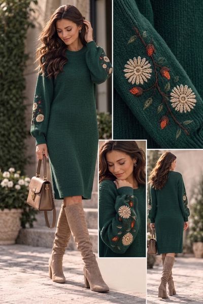 Women's Green Knit Midi Dress (S/M, green)