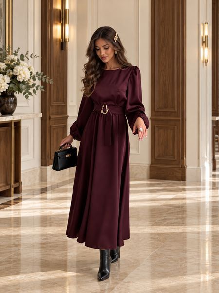 Long-sleeved burgundy silk midi dress (S, burgundy)