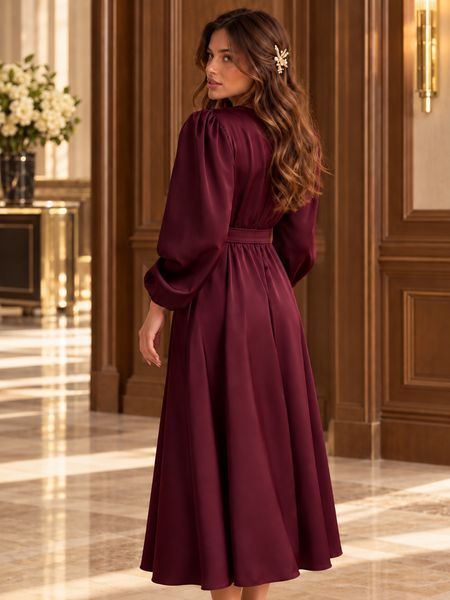 Long-sleeved burgundy silk midi dress (S, burgundy)