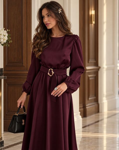 Long-sleeved burgundy silk midi dress (S, burgundy)