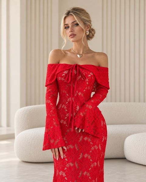 Red Evening Lace Long Dress With Off-The-Shoulder Neckline (M, red)