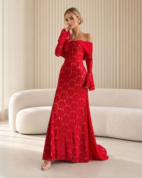 Red Evening Lace Long Dress With Off-The-Shoulder Neckline (M, red)
