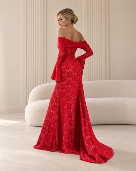 Red Evening Lace Long Dress With Off-The-Shoulder Neckline (M, red)