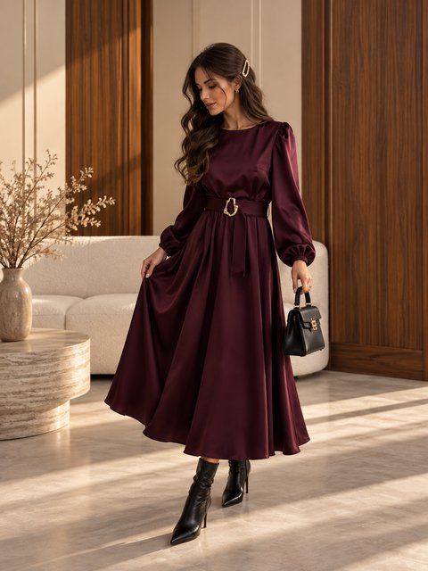 Long-sleeved burgundy silk midi dress (S, burgundy)