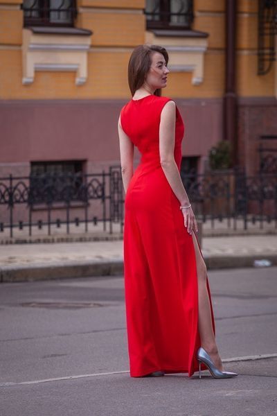 High Slit Sleeveless Red Maxi Dress with V-Neck (XXS, red)