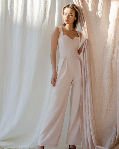 Classic beige elegant jumpsuit (S, beige)
