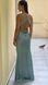 Long olive-colored satin dress with an open back (S, sage green)