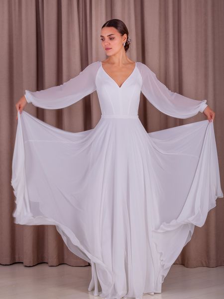 White V-Neck Chiffon Maxi Dress with Long Lantern Sleeves (7XL, white)