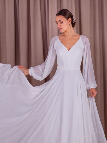 White V-Neck Chiffon Maxi Dress with Long Lantern Sleeves (7XL, white)