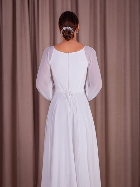 White V-Neck Chiffon Maxi Dress with Long Lantern Sleeves (7XL, white)