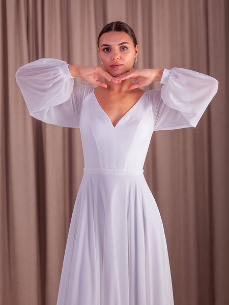 White V-Neck Chiffon Maxi Dress with Long Lantern Sleeves (7XL, white)