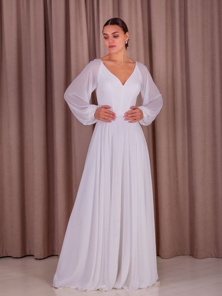 White V-Neck Chiffon Maxi Dress with Long Lantern Sleeves (7XL, white)