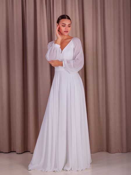 White V-Neck Chiffon Maxi Dress with Long Lantern Sleeves (7XL, white)