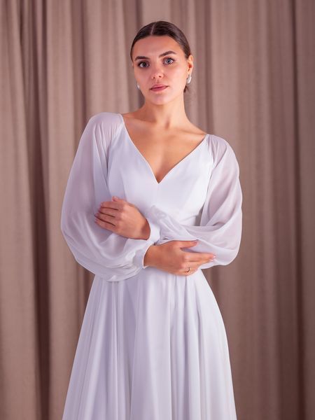White V-Neck Chiffon Maxi Dress with Long Lantern Sleeves (7XL, white)