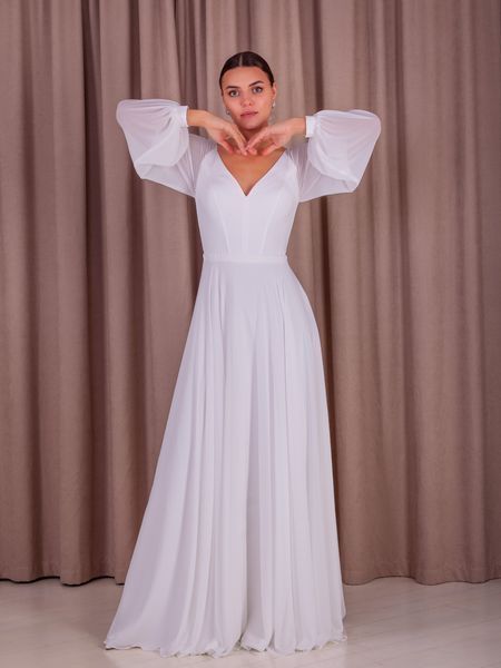 White V-Neck Chiffon Maxi Dress with Long Lantern Sleeves (7XL, white)