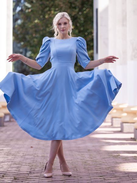 Blue Cocktail Midi Dress With Puff Sleeves And Open Back (S, light blue)