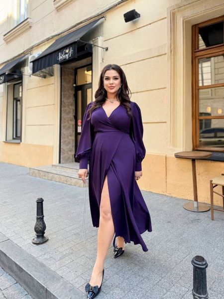 Formal Purple Silk Maxi Dress with Long Sleeves and V-Neck for Wedding Guests (XL/XXL, purple)