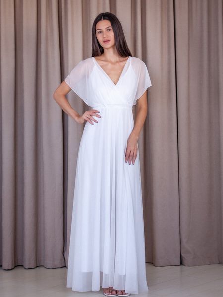 White Bridal Maxi Dress with Short Sheer Sleeves and Cold Shoulders (XL/XXL, white)
