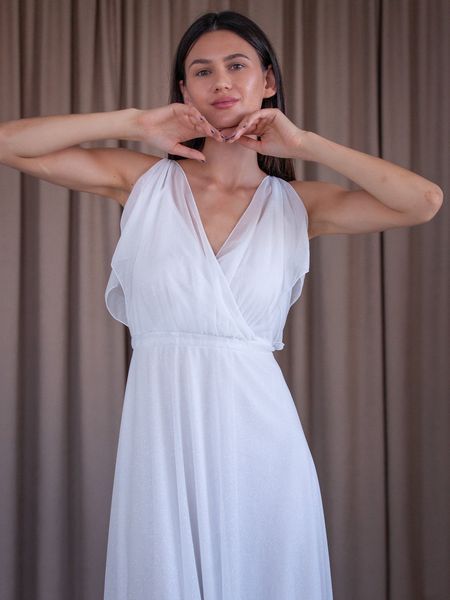 White Bridal Maxi Dress with Short Sheer Sleeves and Cold Shoulders (XL/XXL, white)