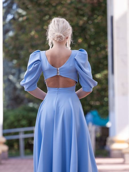Blue Cocktail Midi Dress With Puff Sleeves And Open Back (S, light blue)