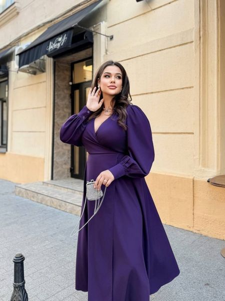 Formal Purple Silk Maxi Dress with Long Sleeves and V-Neck for Wedding Guests (XL/XXL, purple)