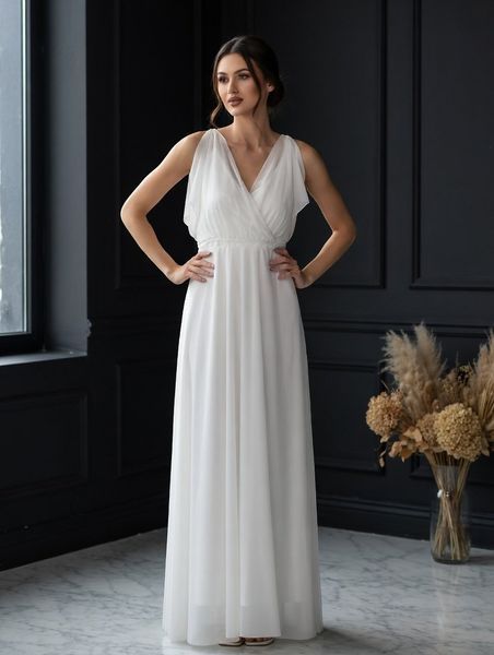 White Bridal Maxi Dress with Short Sheer Sleeves and Cold Shoulders (XL/XXL, white)