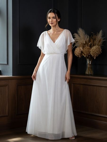 White Bridal Maxi Dress with Short Sheer Sleeves and Cold Shoulders (XL/XXL, white)