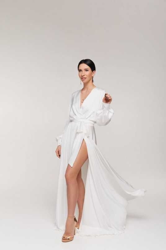 silk white wrap dress white dress midi length White Satin Cream Wrap Dress Midi Flutter Sleeves  M-parroquiadesanalbertomagno.com