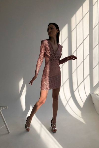 Short Rose Gold Long Sleeve V-Neck Pencil Dress (S, rose gold)