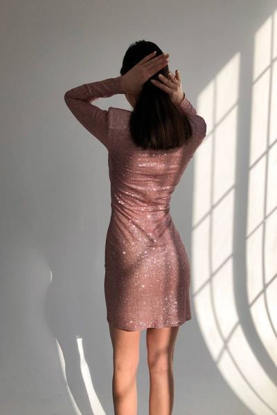 Short Rose Gold Long Sleeve V-Neck Pencil Dress (S, rose gold)